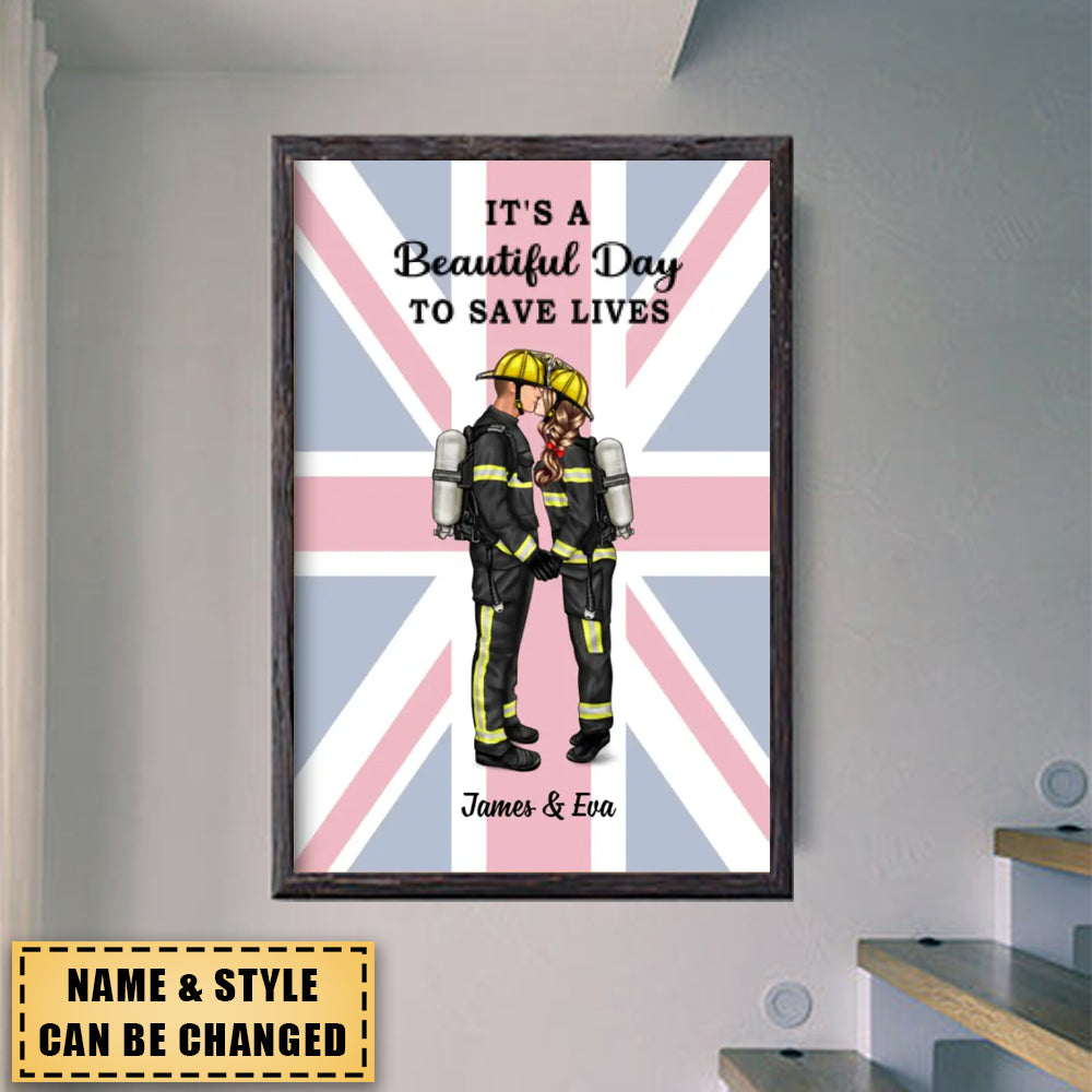 She Saves Lives and He Rescues Them Great Britain Flag - Personalized Poster, Couple Portrait, Firefighter, EMS, Nurse, Police Officer, Military Gifts