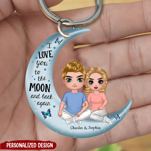 Doll Couple Sitting Hugging On Moon Personalized Keychain