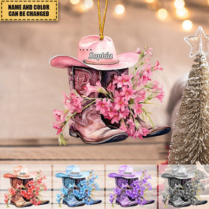 Personalized Boots And Hat Flower Cowboy Christmas Acrylic Ornament