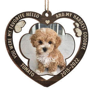 My Favorite Hello And My Hardest Goodbye - Personalized Custom Heart Shaped Wood Christmas Ornament - Upload Image, Memorial Gift, Sympathy Gift, Gift For Pet Lovers, Christmas Gift
