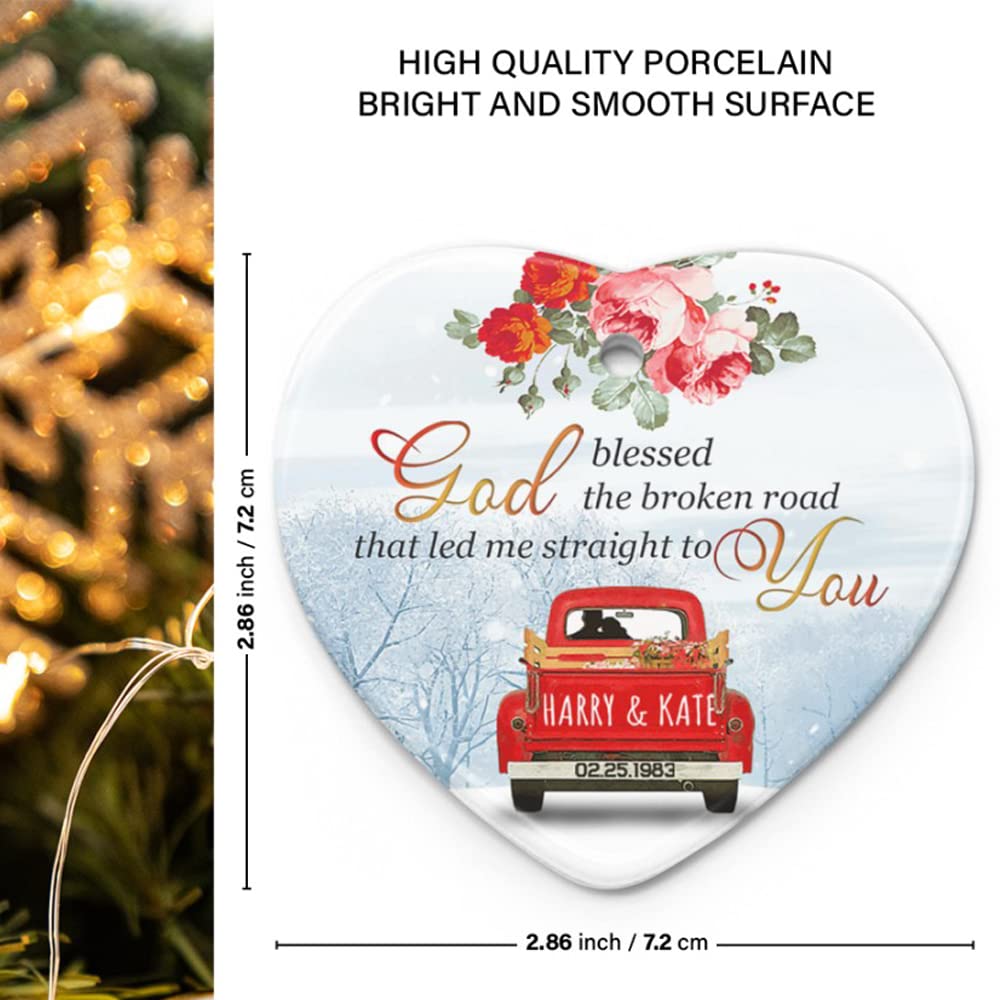 Personalized Love Couple Red Truck God Blessed The Broken Road That led me Straight to You Christmas Ornament