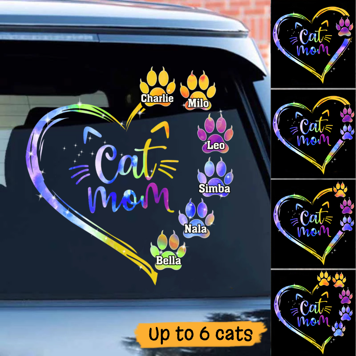 Personalized Cat's Name Cat Mom Rainbow Paw Decal