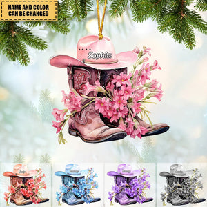 Personalized Boots And Hat Flower Cowboy Christmas Acrylic Ornament