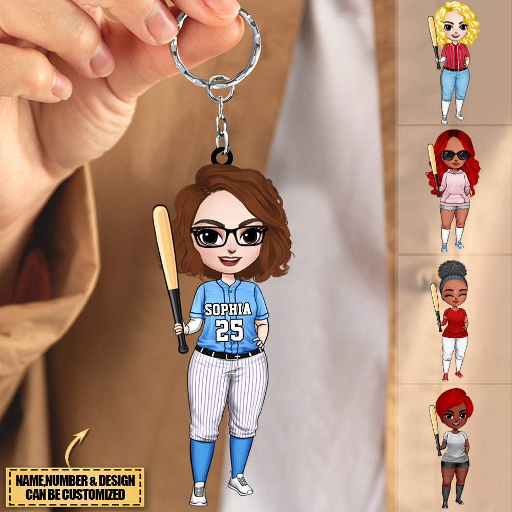 Personalized Woman Girl Baseball Player Acrylic Keychain