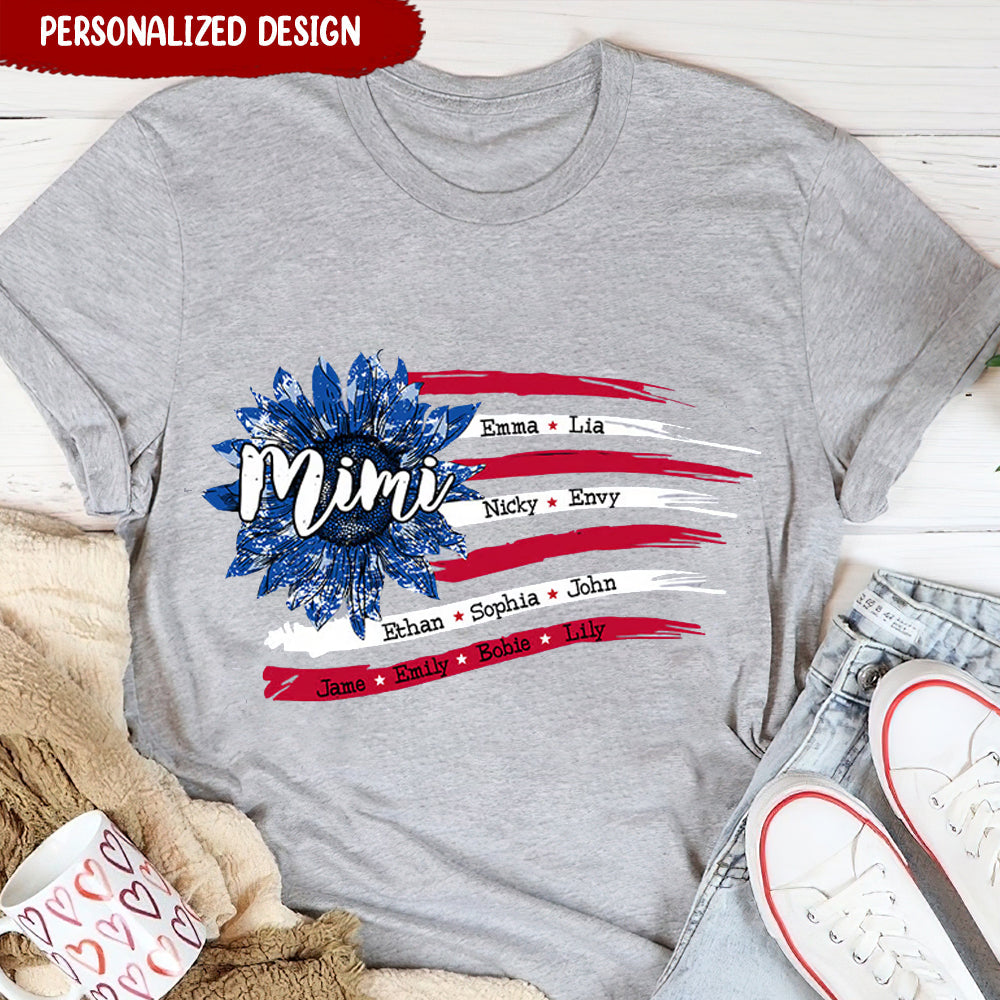 Personalized Grandma with Grandkids Sunflower American Flag T-Shirt