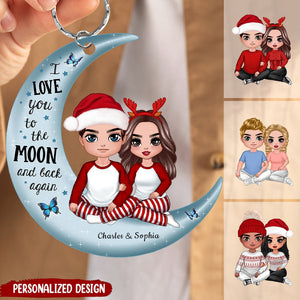 Doll Couple Sitting Hugging On Moon Personalized Keychain