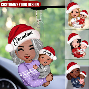 Doll Grandma Mom Hugging Kid Christmas Gift For Granddaughter Grandson Personalized Acrylic Car Ornament