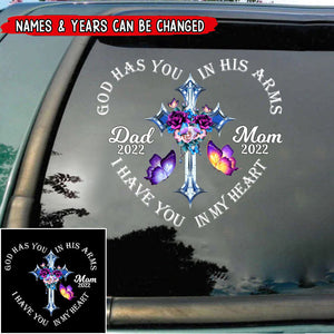 Memorial Cross Butterfly Gift, God Has You In His Arms, I Have You In My Heart Personalized Personalized Decal