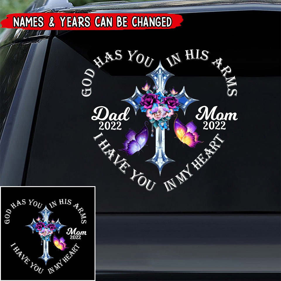 Memorial Cross Butterfly Gift, God Has You In His Arms, I Have You In My Heart Personalized Personalized Decal