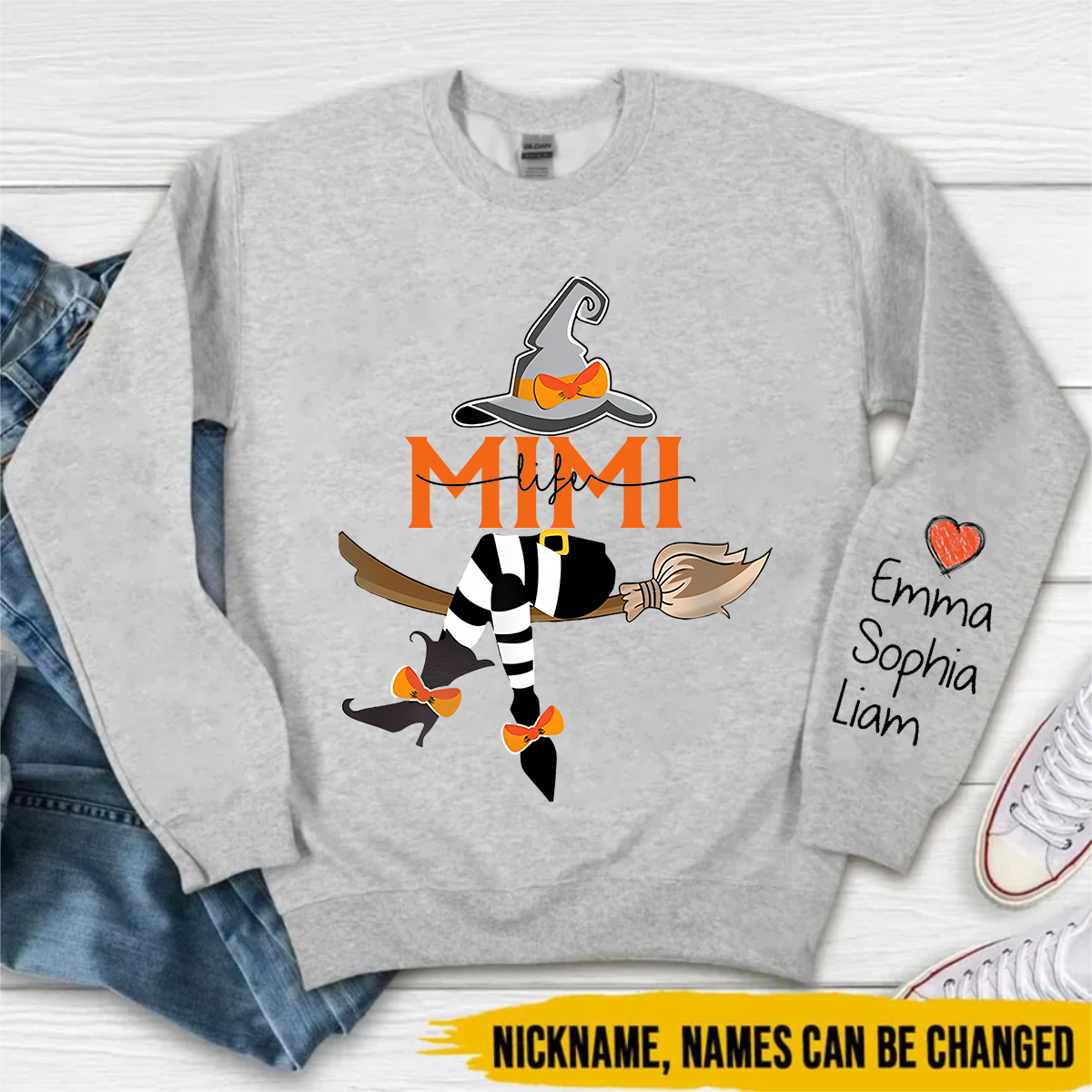 Personalized Nana Life Witch Halloween Sweatshirt, Custom Grandma With Grandkids Name On The Sleeve Halloween Sweatshirt