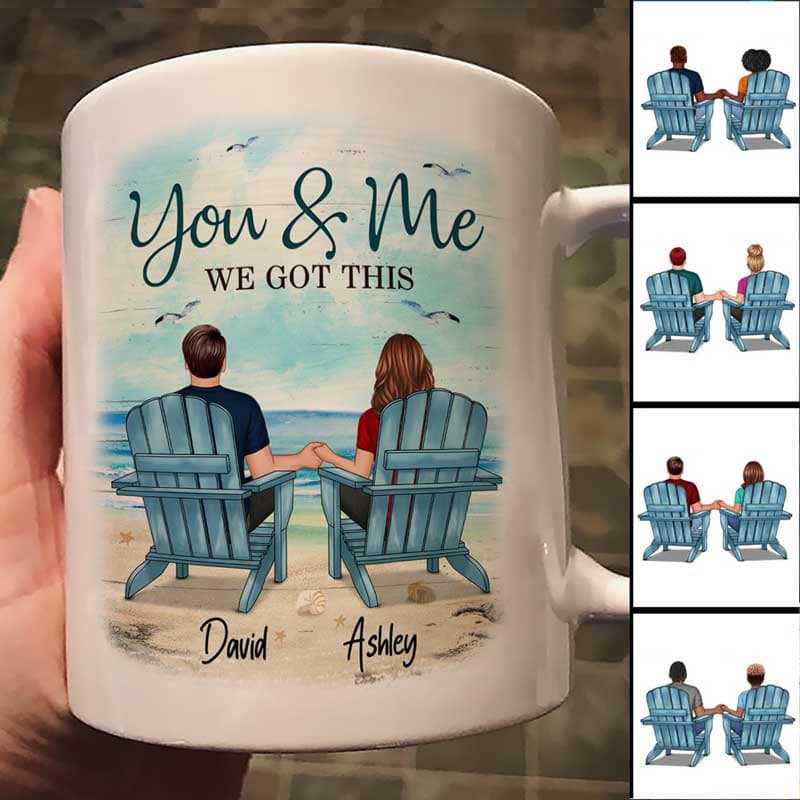 Back View Couple Sitting Beach Landscape Personalized Mug