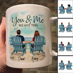Back View Couple Sitting Beach Landscape Personalized Mug