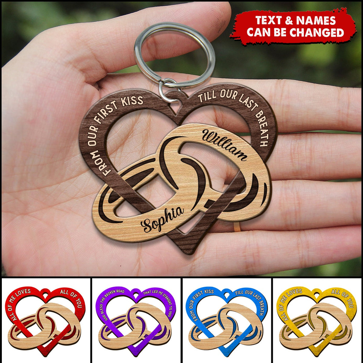 From our first kiss till our last bearth Heart Couple Rings Personalized Wooden Keychain