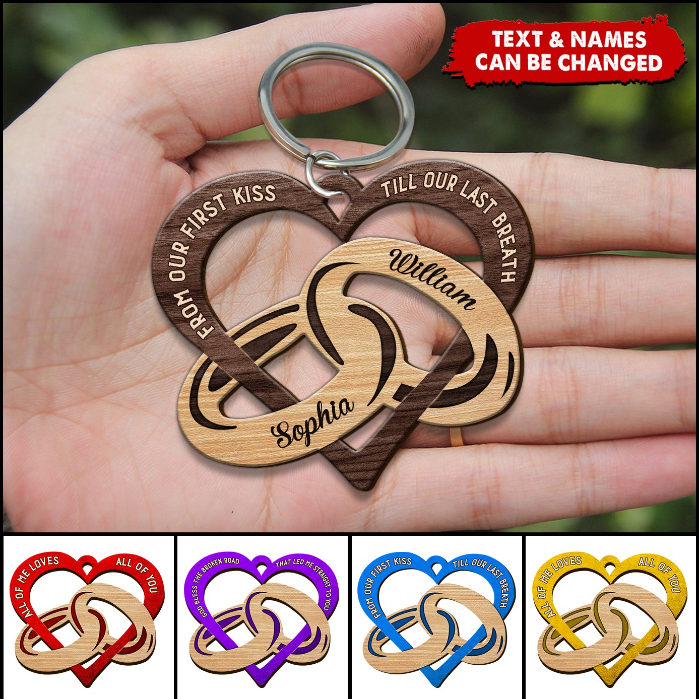 From our first kiss till our last bearth Heart Couple Rings Personalized Wooden Keychain