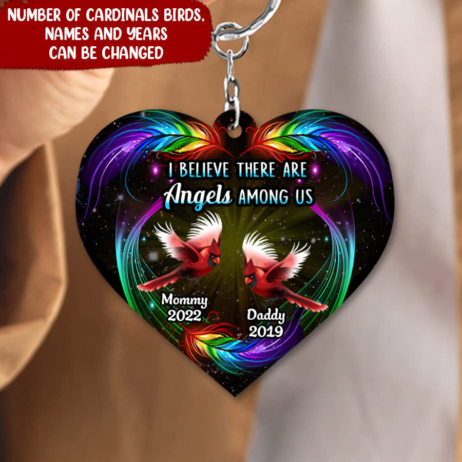 I Believe There Are Angels Among Us Cardinal Birds Feather Memorial Gift Heart Acrylic Keychain