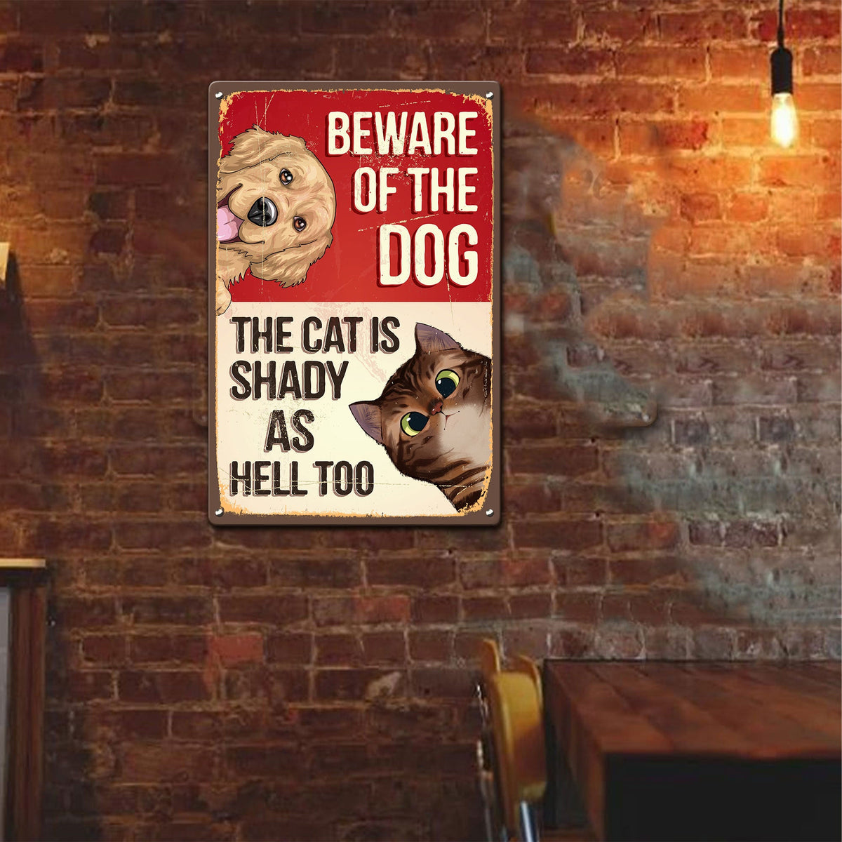 Beware Of The Dog, The Cat Is Shady - Personalized Metal Sign - Funny, Outdoor Decor Gift For Pet Lovers, Dog & Cat Owner, Dog Mom, Cat Dad