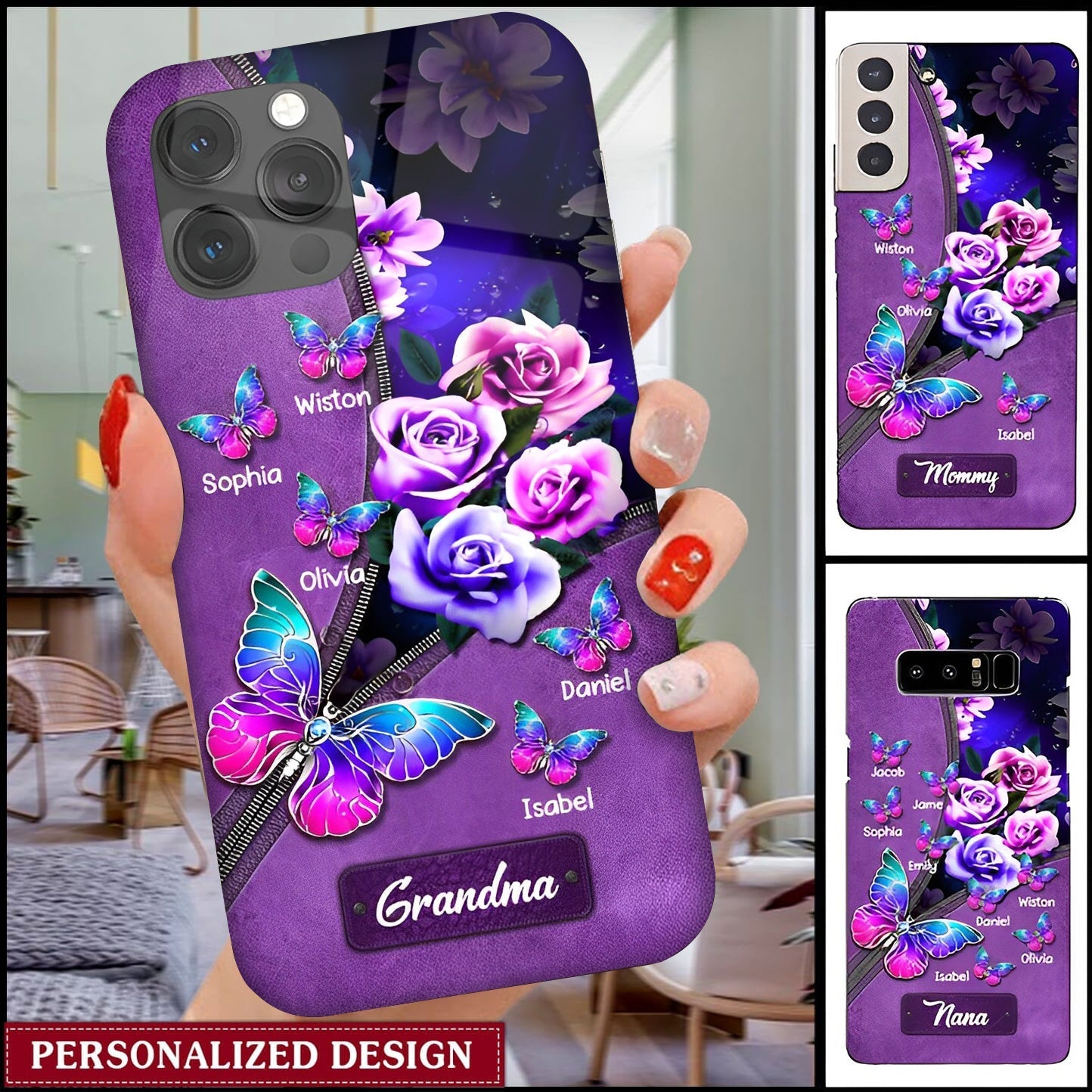 Rose & Butterfly Grandma Mom Personalized Gift Mother's Day Birthday Gift Leather Background Phone case