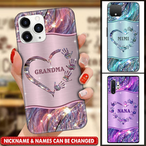 GRANDMA - MOM HEART HANDPRINT KIDS, PERSONALIZED GLASS PHONE CASE