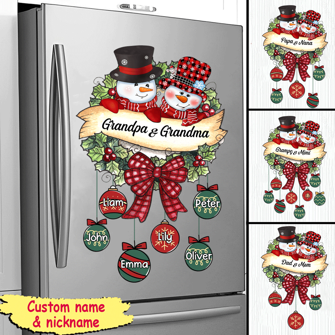 Snowman Grandpa & Grandma Mom & Dad Christmas Ball Kids Personalized Decal