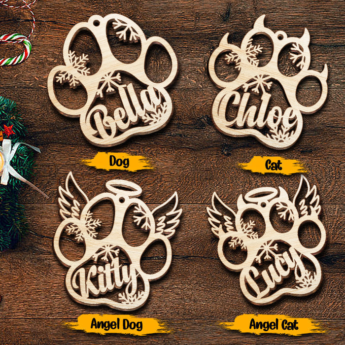 Happy Christmas With Fur Babies - Personalized Paw Ornament (Dog, Cat & Angel Wings) - Customized Decoration Gift