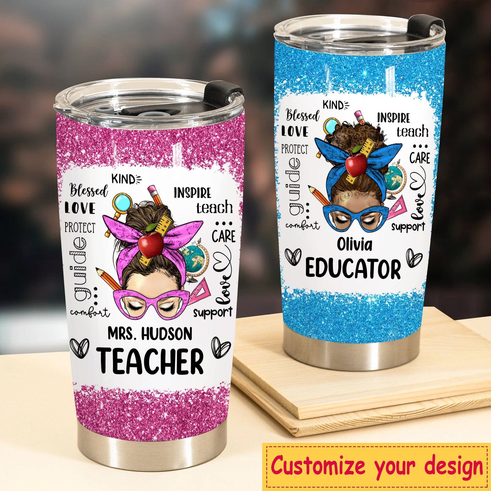 Messy Bun Teacher Typography Personalized Glitter Tumbler
