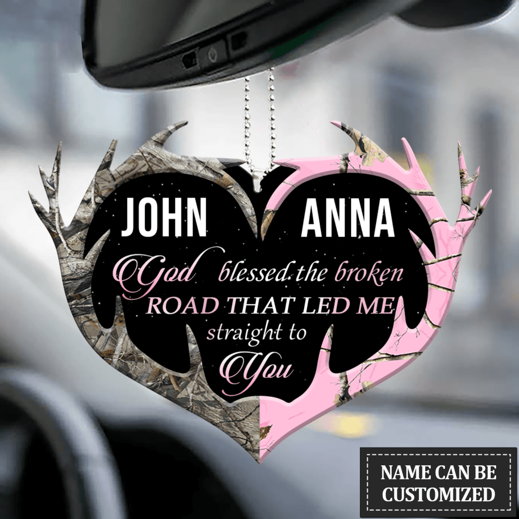 Personalized Buck And Doe Heart Antlers God Blessed Ornament