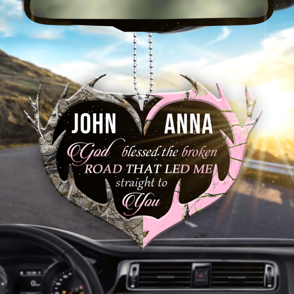 Personalized Buck And Doe Heart Antlers God Blessed Ornament