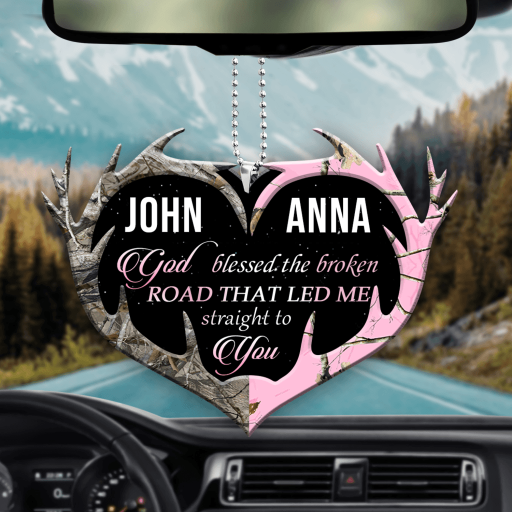 Personalized Buck And Doe Heart Antlers God Blessed Ornament