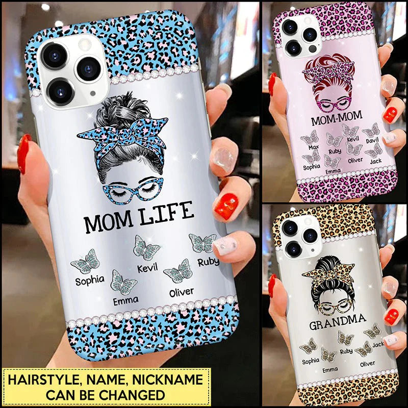 Personalized Leopard Messy Bun Grandma with Butterfly Grandkids Glass Phone case