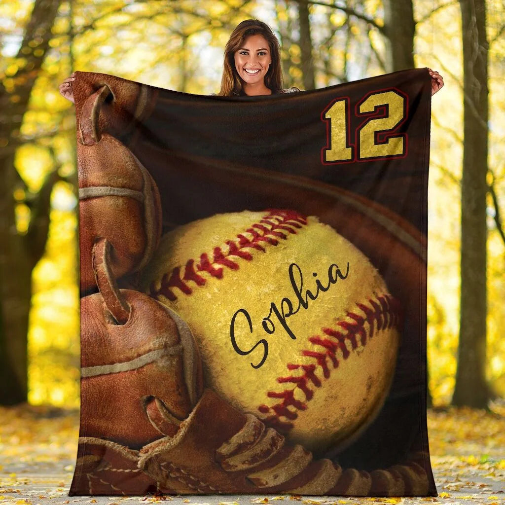 Personalized Name And Number Softball Blanket, Softball Lover Blanket Gifts