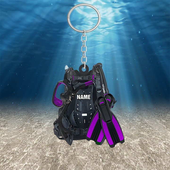 PERSONALIZED SCUBA DIVING EQUIPMENT KEYCHAIN, CUSTOM NAME FLAT KEYCHAIN FOR DIVER