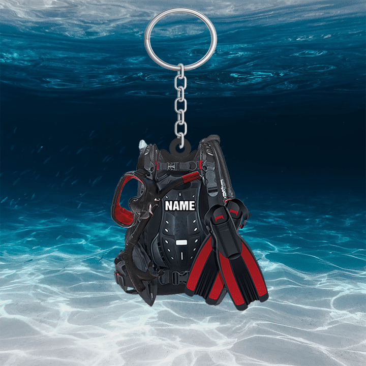 PERSONALIZED SCUBA DIVING EQUIPMENT KEYCHAIN, CUSTOM NAME FLAT KEYCHAIN FOR DIVER
