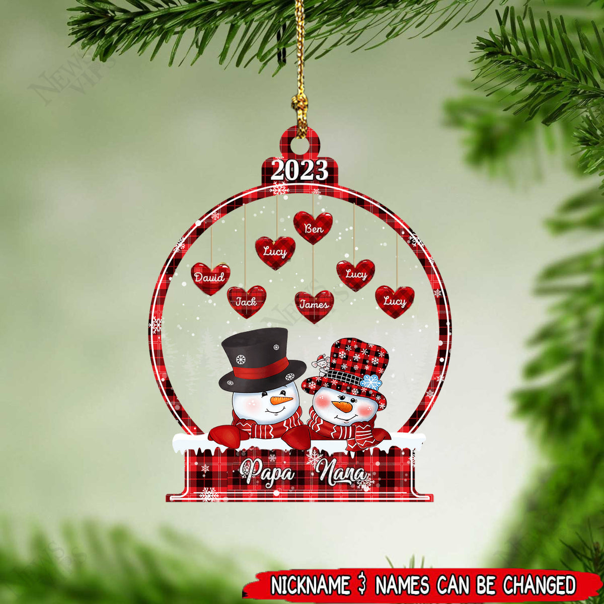 Sparkling Christmas Snowman Papa Nana Dad Mom Heart Kids In Snowball Personalized Ornament