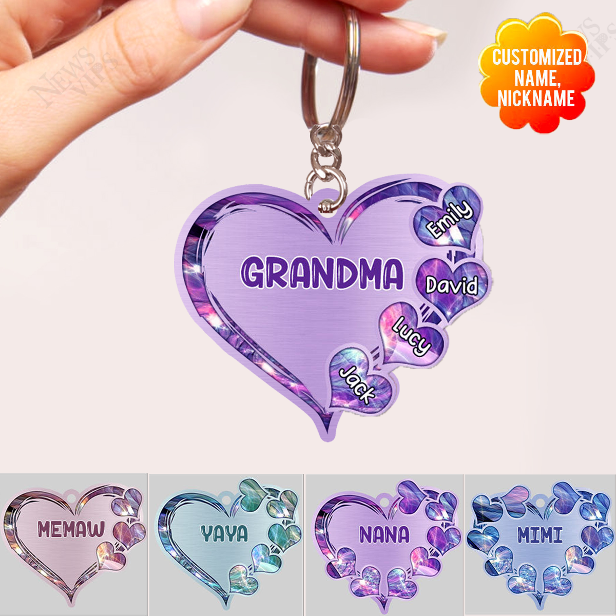 Grandma- Mom Heart Kids, Multi Colors Personalized Acrylic Keychain