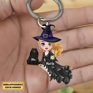 Witch Riding Broom Mystical Girl With Cute Cat Kitten Pet Personalized Keychain