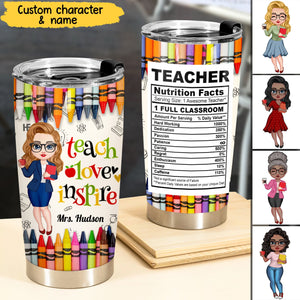Colorful Crayon Teacher Nutrition Facts Personalized Glitter Tumbler