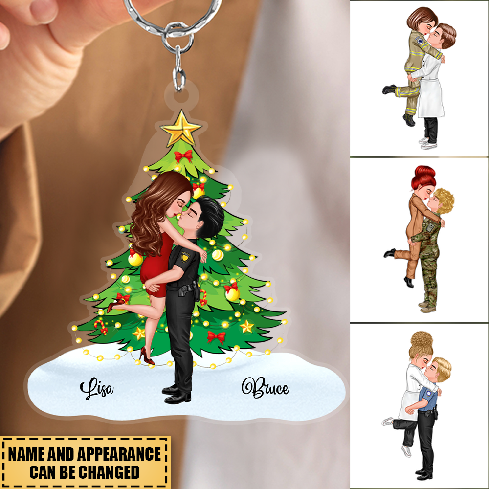 Personalized Couple Portrait, Firefighter, Nurse, Police Officer, Teacher, Gifts by Occupation Christmas Tree Keychain