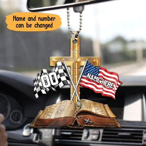 Personalized Racing Us Flag Cross Car Hanging Ornament