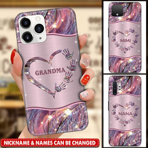 GRANDMA - MOM HEART HANDPRINT KIDS, PERSONALIZED GLASS PHONE CASE