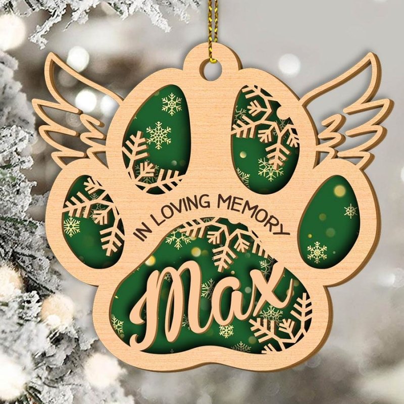Dog Cat Memorial Angel Paw Personalized 2 Layered Christmas Ornament