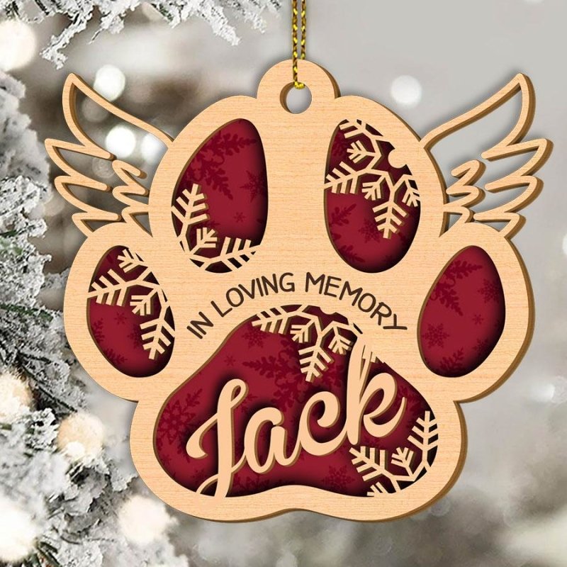 Dog Cat Memorial Angel Paw Personalized 2 Layered Christmas Ornament