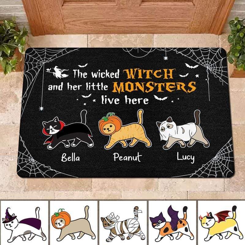 Wicked Witch And Monster Cats Live Here Halloween Personalized Doormat