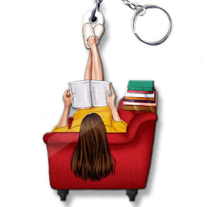 Girl Reading Book On Sofa Custom Book Titles, Personalized Keychain
