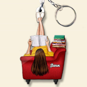 Girl Reading Book On Sofa Custom Book Titles, Personalized Keychain