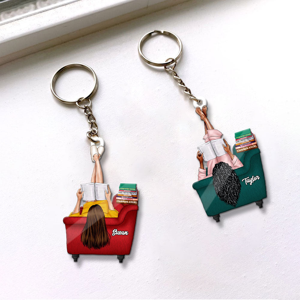 Girl Reading Book On Sofa Custom Book Titles, Personalized Keychain