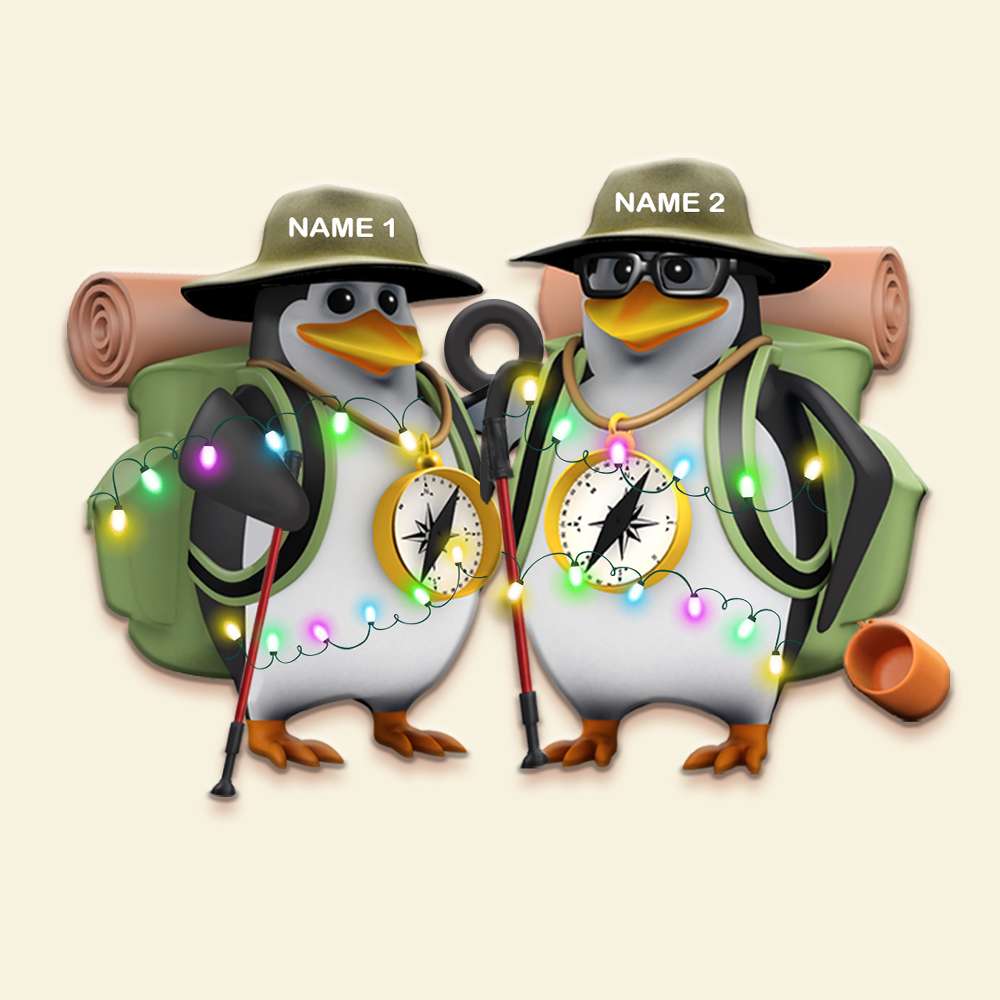 Hiking Penguins Couple Personalized Christmas Ornament, Cute Gift For Hiking Lovers