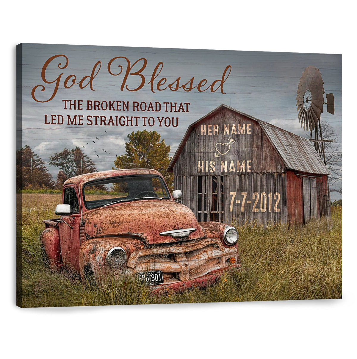 Custom Poster Prints Anniversary Wedding Gift God Blessed The Broken Road Old Truck and Barn Wall Art Decor