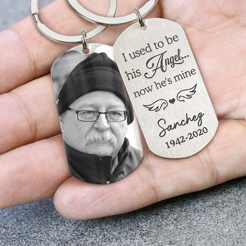 Used To Be His Angel Now He's Mine, Personalized Keychain, Memorial Gifts, Custom Photo